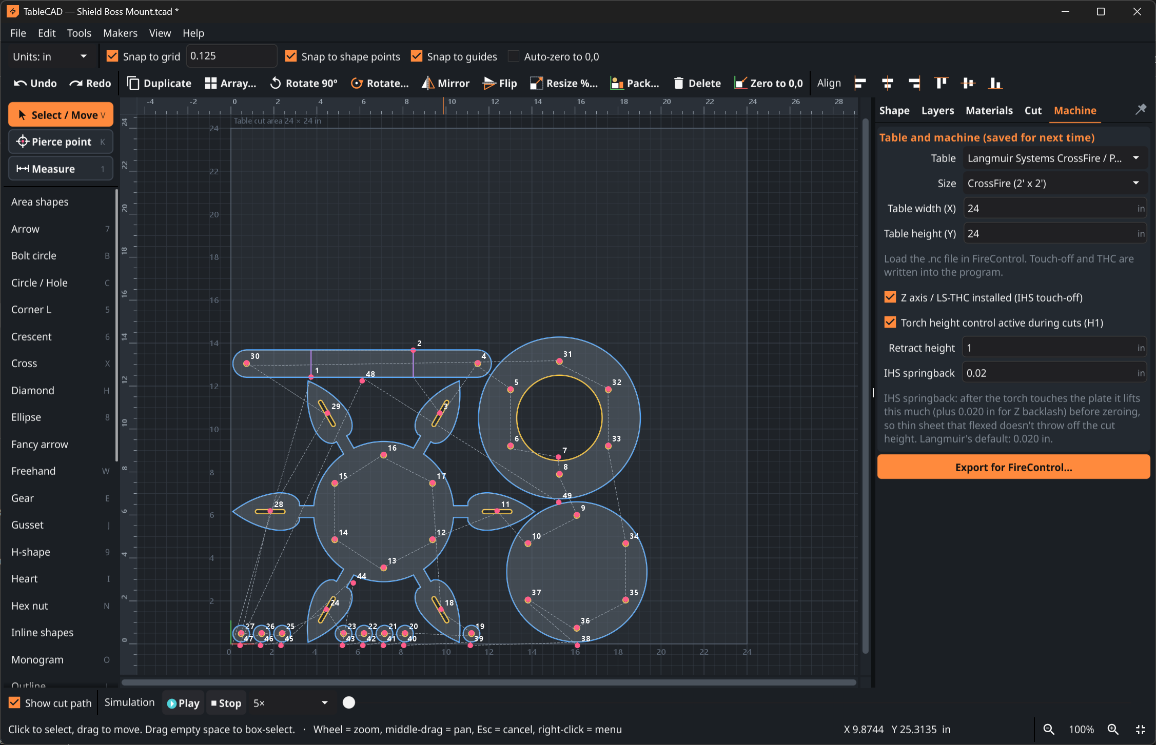 TableCAD showing a shield boss mount project with multiple parts, numbered cut paths, simulation controls, and machine settings.